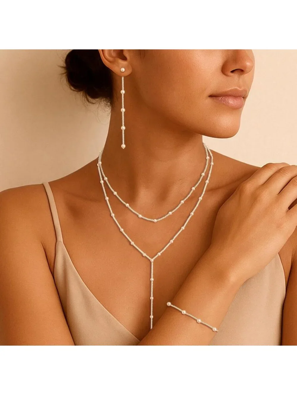 Dainty Layered Gold Pearl Necklace Set, Choker & Earrings, Trendy Wedding